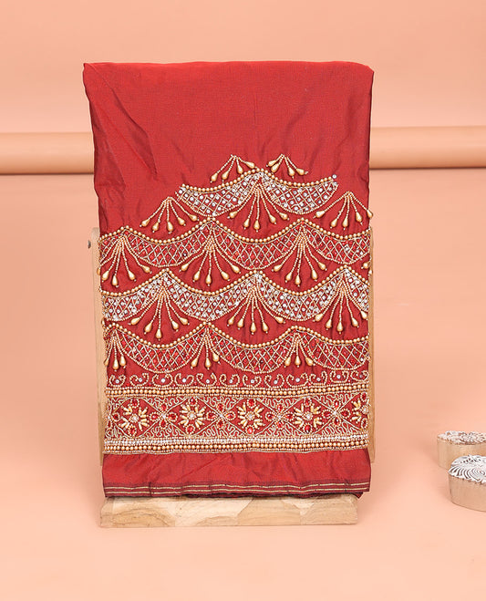 Red Aari Material Blouse Adorned with Scallop Designs in Sugar Bead and Zarkan Stone Mixed Embroidery