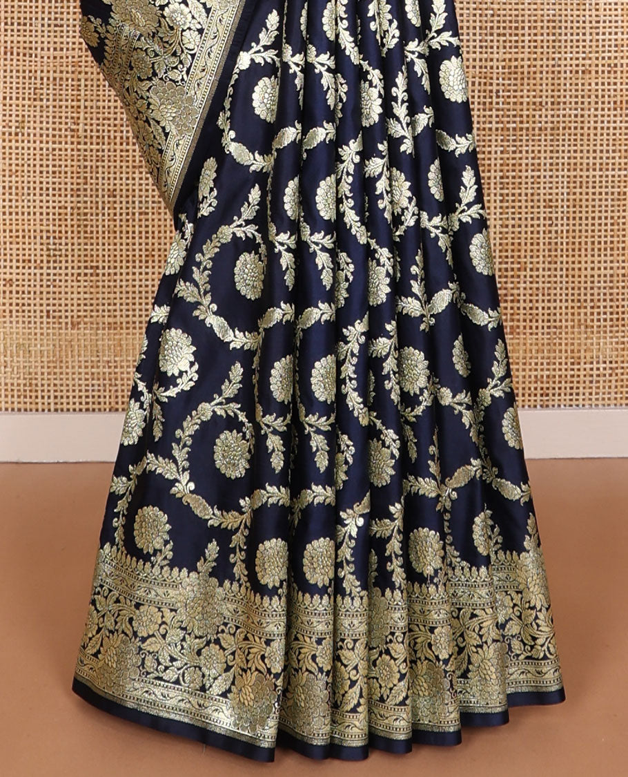 Dark blue floral jaal design semi banaras nylon saree with self intricate zari design border & floral design pallu