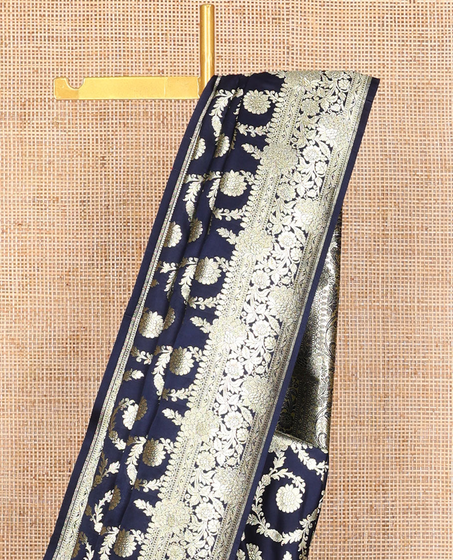 Dark blue floral jaal design semi banaras nylon saree with self intricate zari design border & floral design pallu