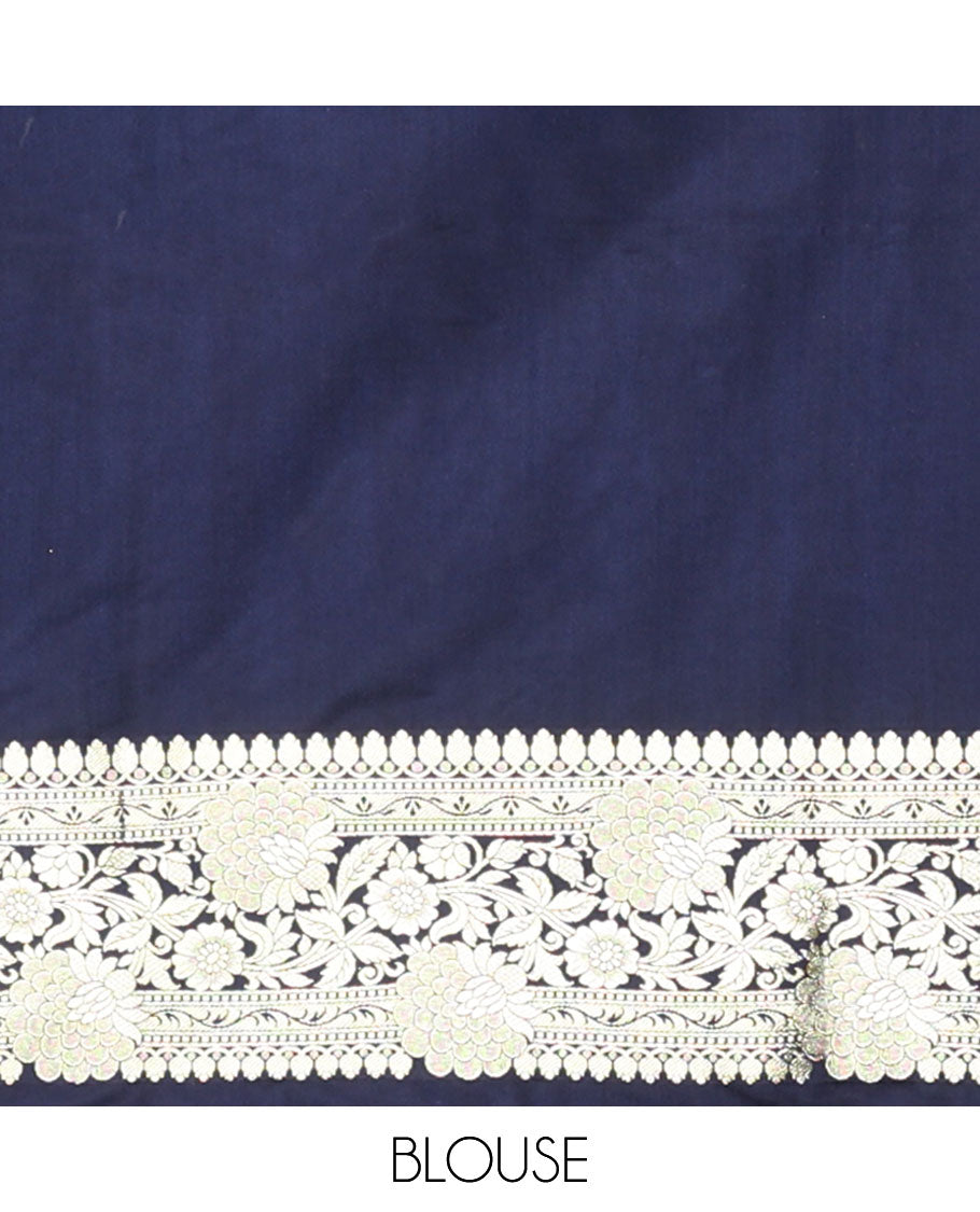 Dark blue floral jaal design semi banaras nylon saree with self intricate zari design border & floral design pallu