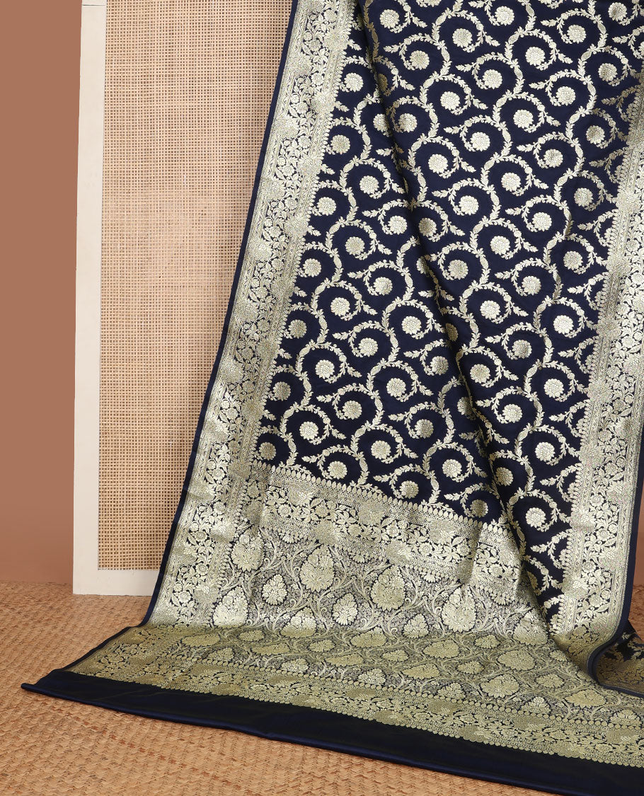 Dark blue floral jaal design semi banaras nylon saree with self intricate zari design border & floral design pallu