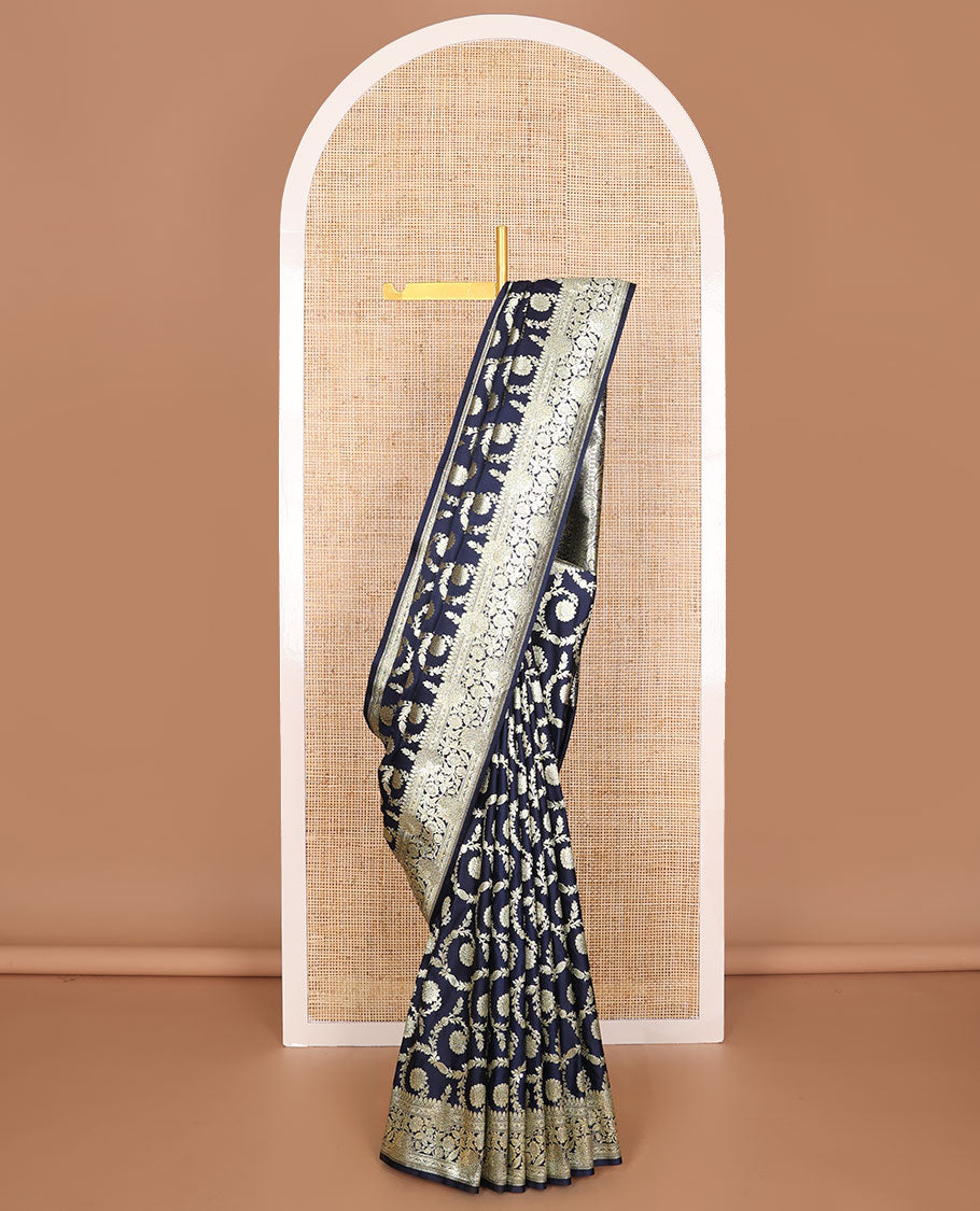 Dark blue floral jaal design semi banaras nylon saree with self intricate zari design border & floral design pallu