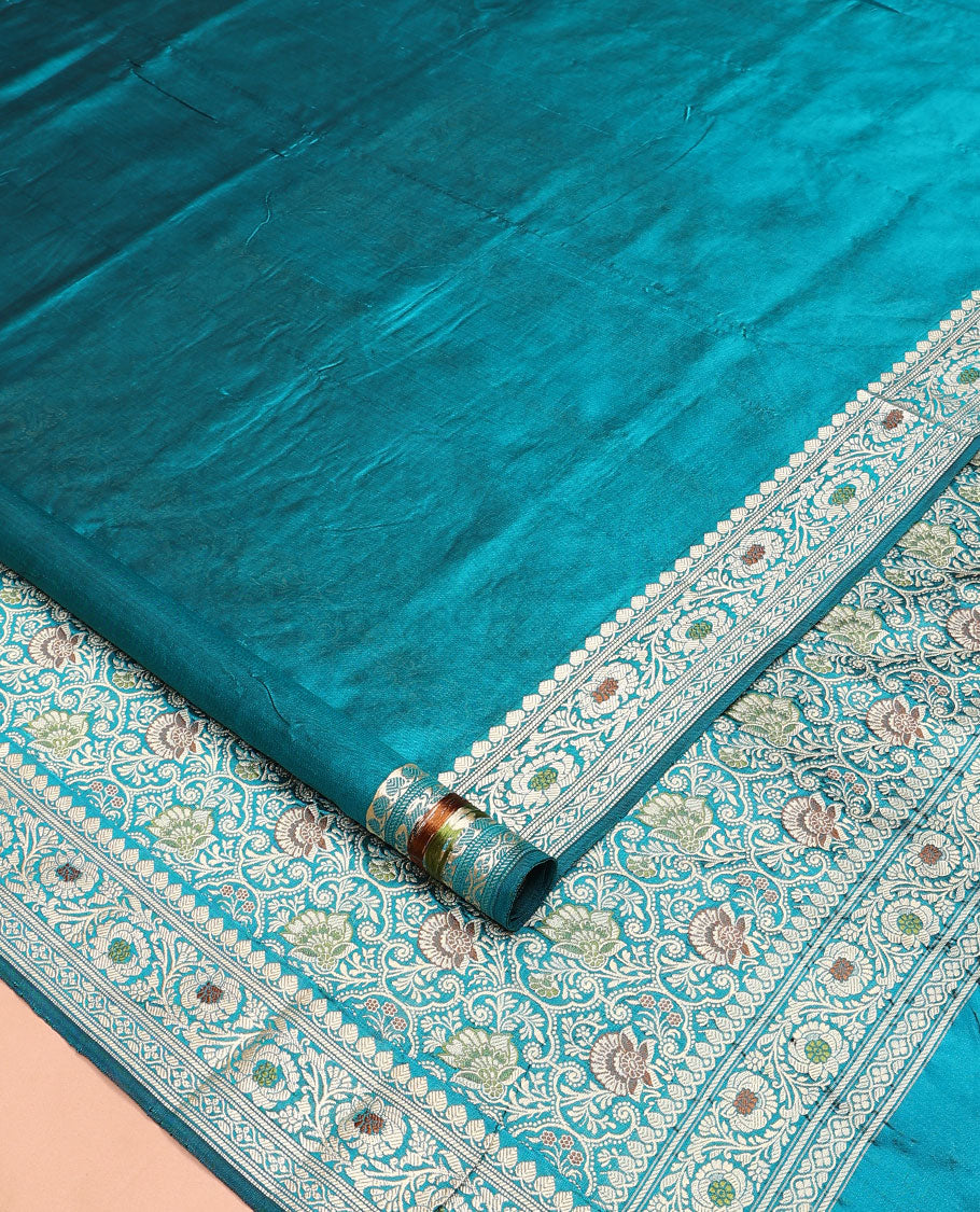 Blue plain kathan silk saree, floral creeper meenakari design border, and Mughal style floral design weave pallu