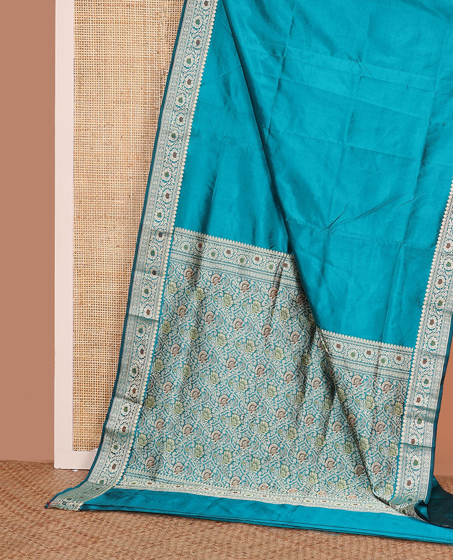 Blue plain kathan silk saree, floral creeper meenakari design border, and Mughal style floral design weave pallu