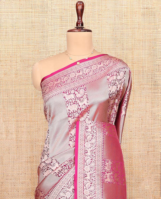 Wine Semi-Banaras Silk Saree, Artfully Detailed with Animal-themed Jacquard Designs on Its Body, Highlighted by a Zari Border of Traditional Designs, Pallu Steeped with Stripes, and Paired with a Matching Blouse
