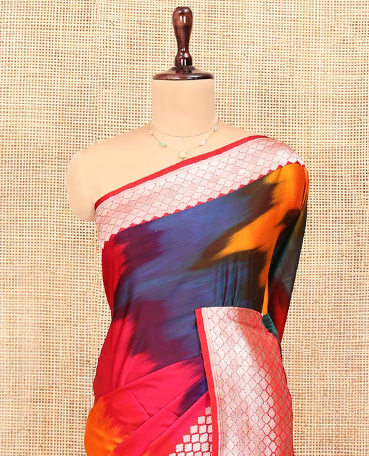 Multi-Color Banarasi Silk Saree, Vibrantly Adorned with Colorful Ikkat Weave on Its Body, Highlighted by a Self-Border of Jaal Designs, Pallu of Jaal Designs, and Paired with a Matching Blouse
