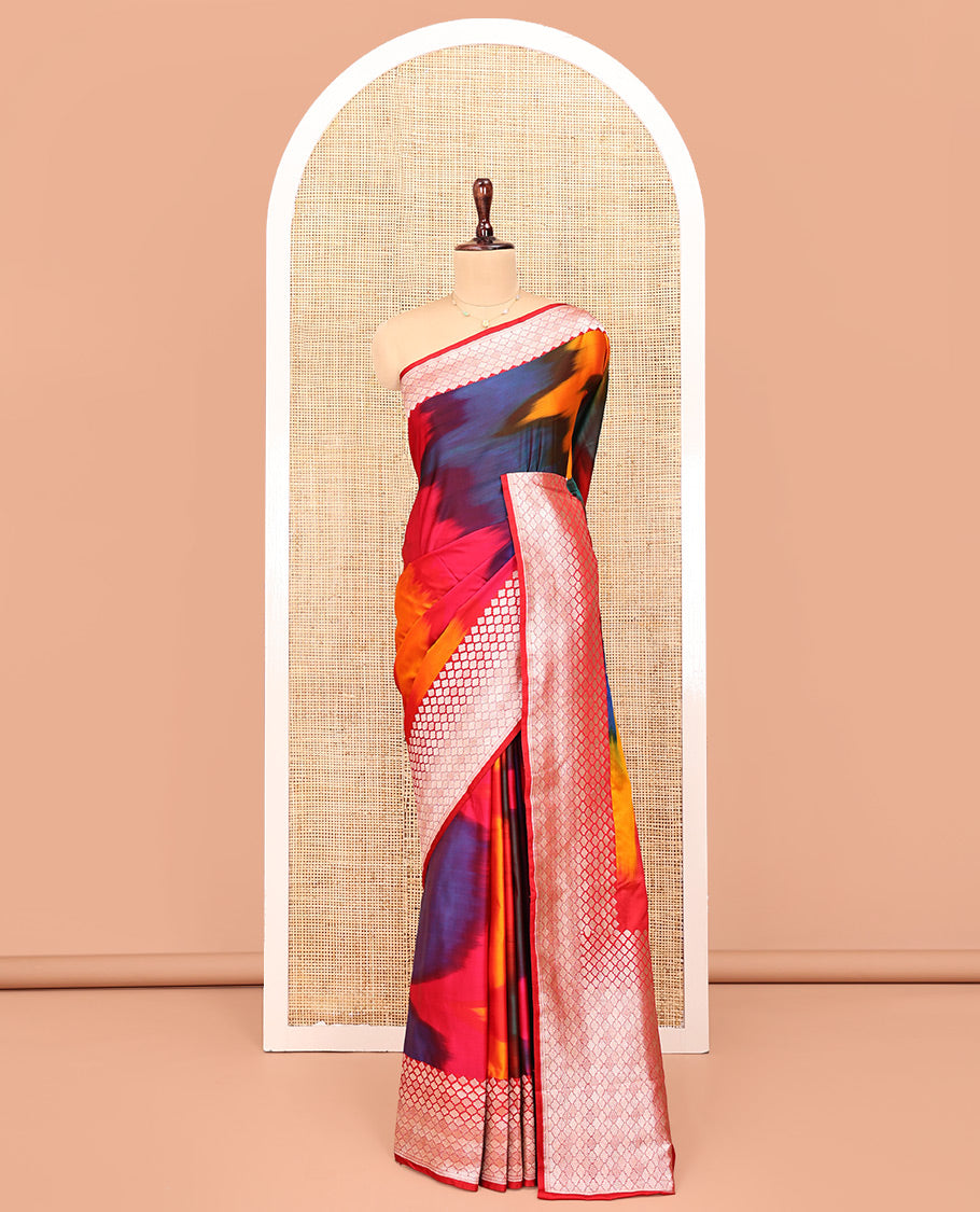 Multi-Color Banarasi Silk Saree, Vibrantly Adorned with Colorful Ikkat Weave on Its Body, Highlighted by a Self-Border of Jaal Designs, Pallu of Jaal Designs, and Paired with a Matching Blouse