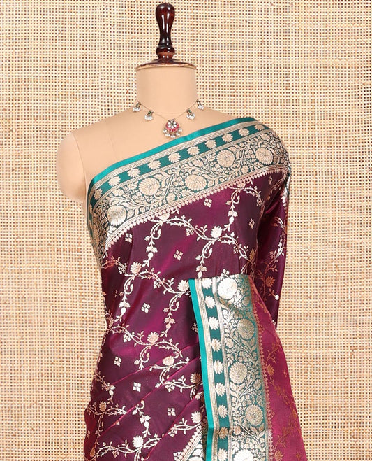 Purple Banarasi Nylon Silk Saree, Adorned with Jacquard, Contrast Floral Creeper Zari Border, Intricate Pallu, and a Contrast Blouse