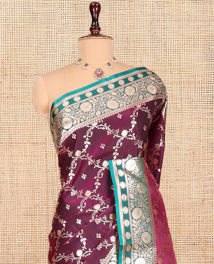 Purple Banarasi Nylon Silk Saree, Adorned with Jacquard, Contrast Floral Creeper Zari Border, Intricate Pallu, and a Contrast Blouse