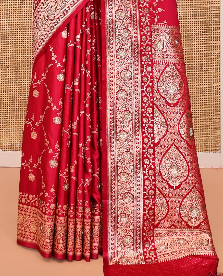 Red Banarasi Satin Saree, Adorned with Floral Jaal Jacquard, a Floral Creeper Border, Intricate Stonework Pallu, and a Matching Blouse