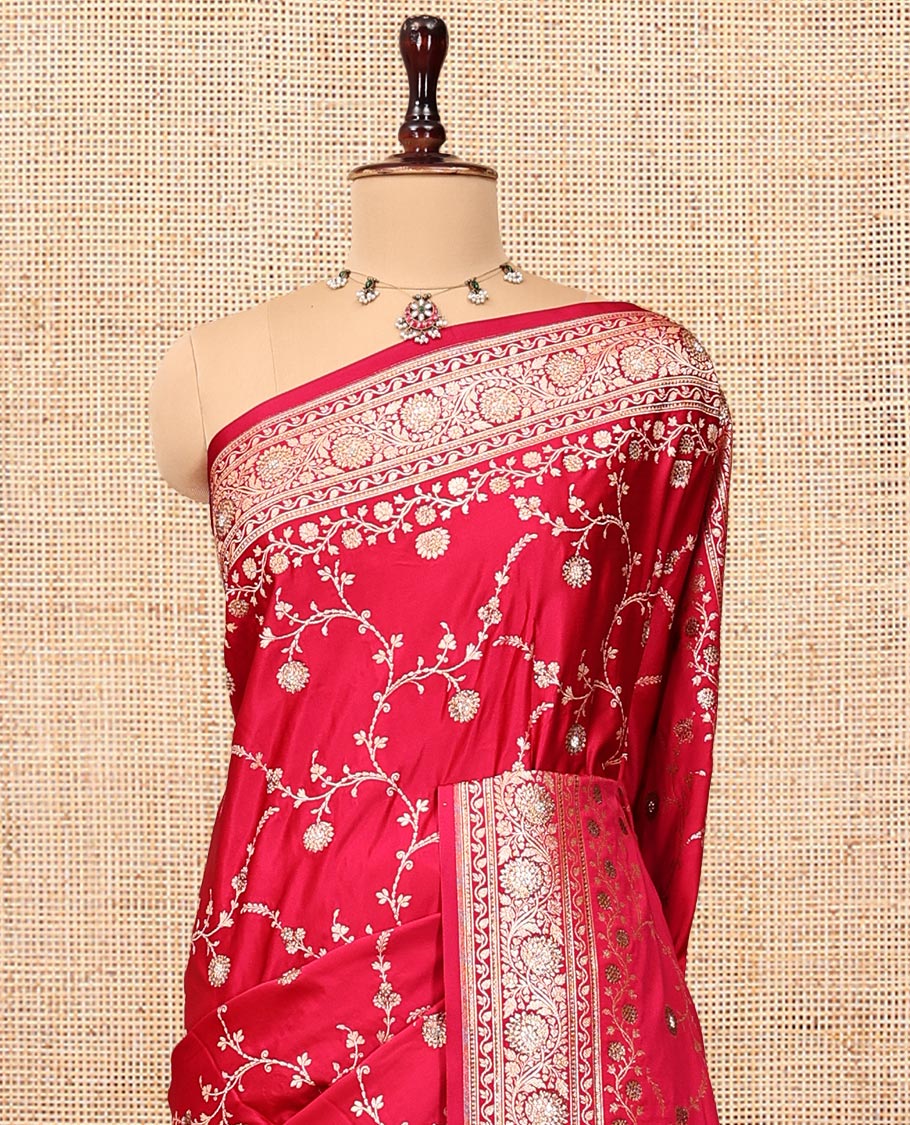 Red Banarasi Satin Saree, Adorned with Floral Jaal Jacquard, a Floral Creeper Border, Intricate Stonework Pallu, and a Matching Blouse