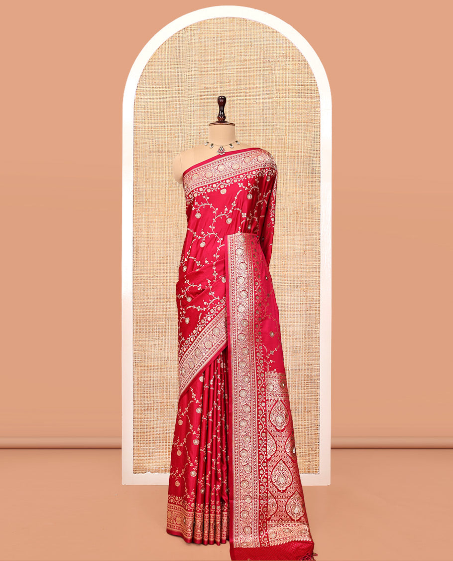Red Banarasi Satin Saree, Adorned with Floral Jaal Jacquard, a Floral Creeper Border, Intricate Stonework Pallu, and a Matching Blouse