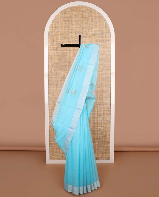 Light blue floral motifs chanderi cotton saree with contrast  border & striped pallu