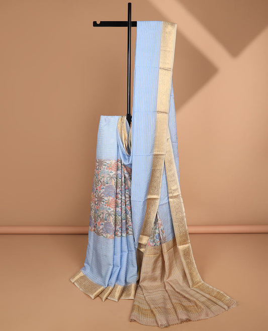 Multi-color floral vine printed & zari striped semi-banaras crepe saree, contrast zari border & zari striped pallu