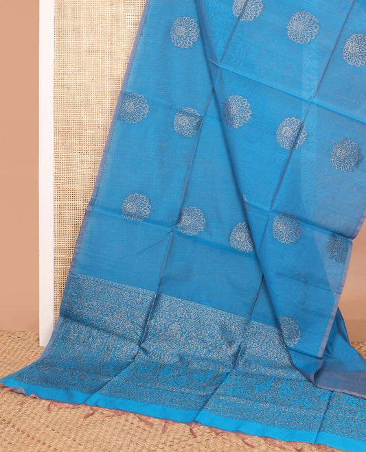 Borderless blue flower zari buttas semi silk cotton saree, intricately designed pallu