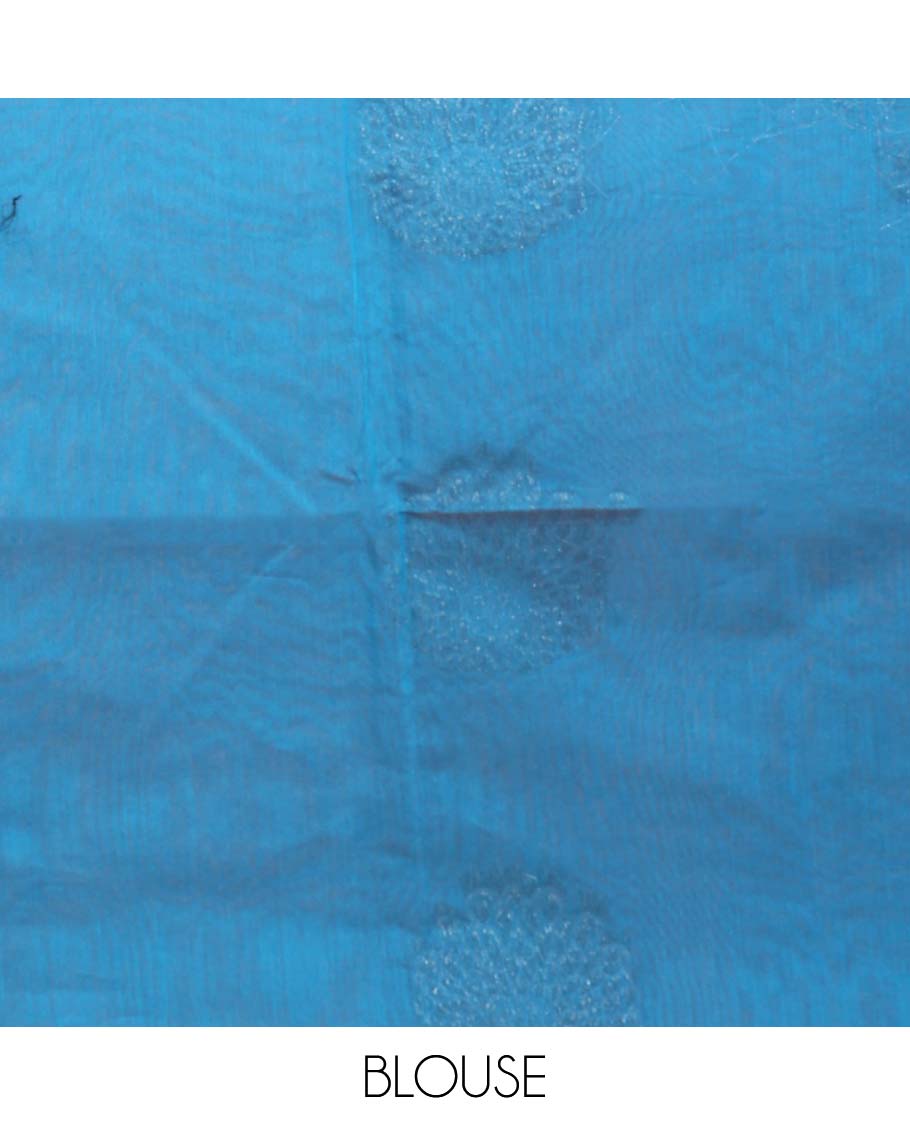 Borderless blue flower zari buttas semi silk cotton saree, intricately designed pallu