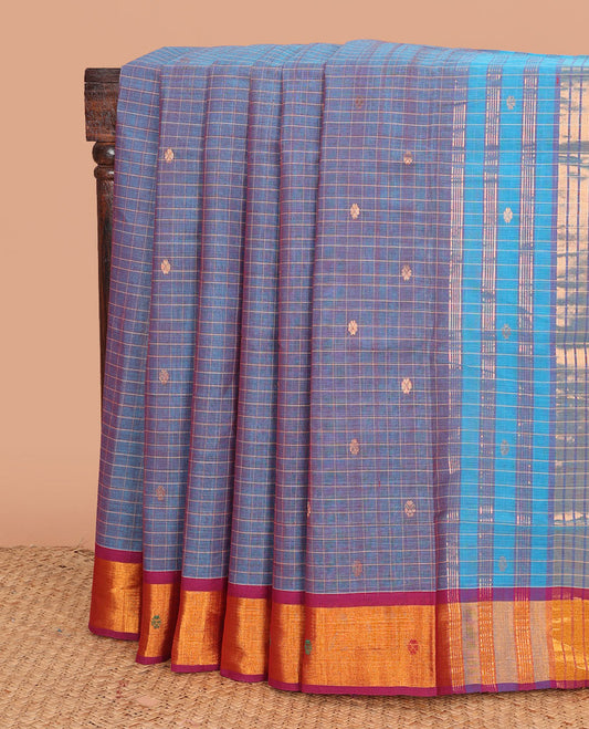 Blue checked and buttas Venkatagiri cotton saree, contrast zari and thread work border, and striped pallu