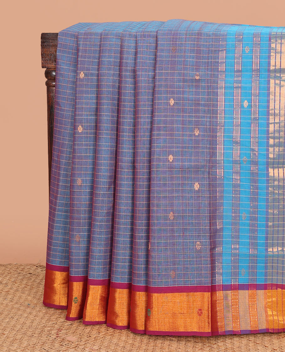 Blue checked and buttas Venkatagiri cotton saree, contrast zari and thread work border, and striped pallu