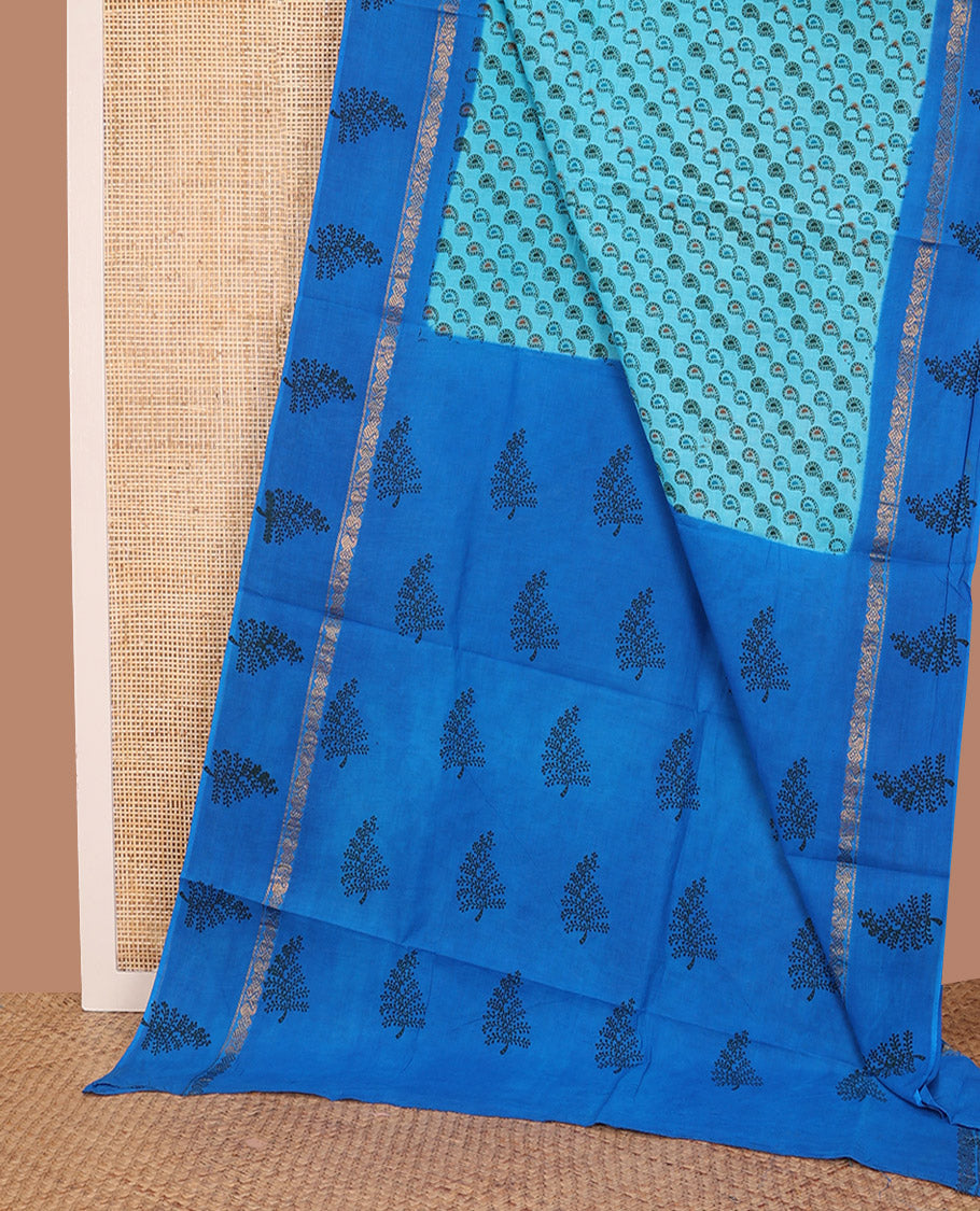 Blue Sungudi Cotton Saree Adorned with Paisley Buttas Printed All Over Its Body, Highlighted by Contrast Zari and Printed Border, and Pallu Printed with Tree Motifs