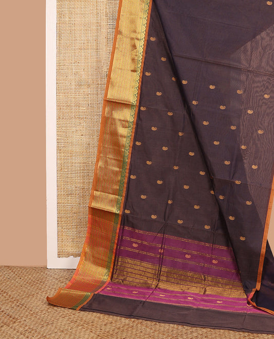 Brown paisley buttas Venkatagiri cotton saree, contrast traditional zari border, and pallu of zari stripes and paisley buttas