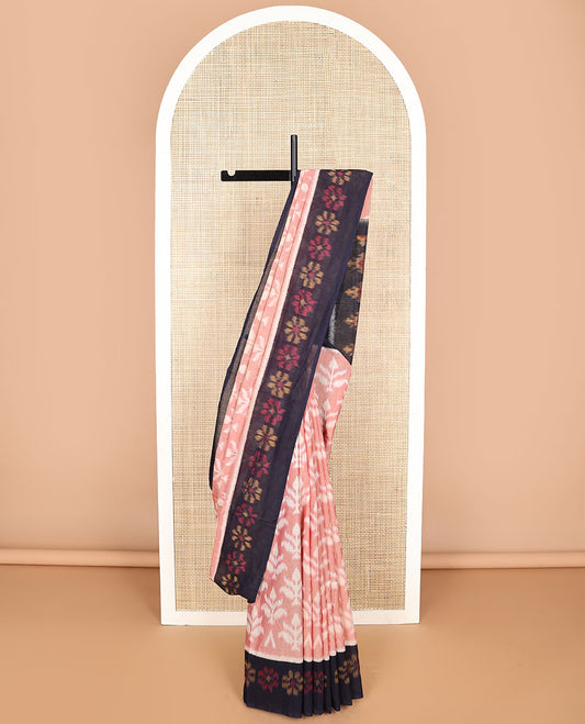 Peach floral ikkat cotton saree with contrast floral design border & floral design pallu