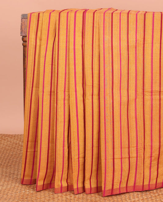 Borderless Orange-Base Mangalagiri Cotton Saree, Simply Adorned with Stripes All Over Its Body, Pallu Depicts Thick Stripes, and Paired with a Matching Blouse