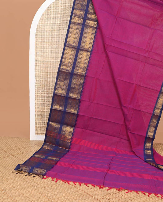 Dark pink chettinad cotton saree with contrast traditional zari design border & striped pallu