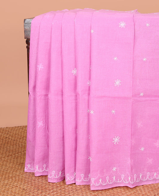 Pink Lucknowi Chikankari Cotton Saree, Highlighted with Floral Motifs Thread Embroidery All Over Its Body, a Embroidered Border, Pallu Steeped with Floral-Paisley Embroidery, and Paired with a Matching Blouse
