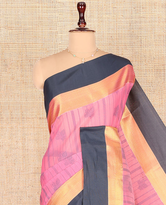 Pink Semi-Silk Cotton Saree, Sparsely Woven with Floral and Stripes All Over Its Body, Complemented by Contrast Traditional Zari Design Border, Sparsely Jaal Pallu, and Paired with a Matching Blouse