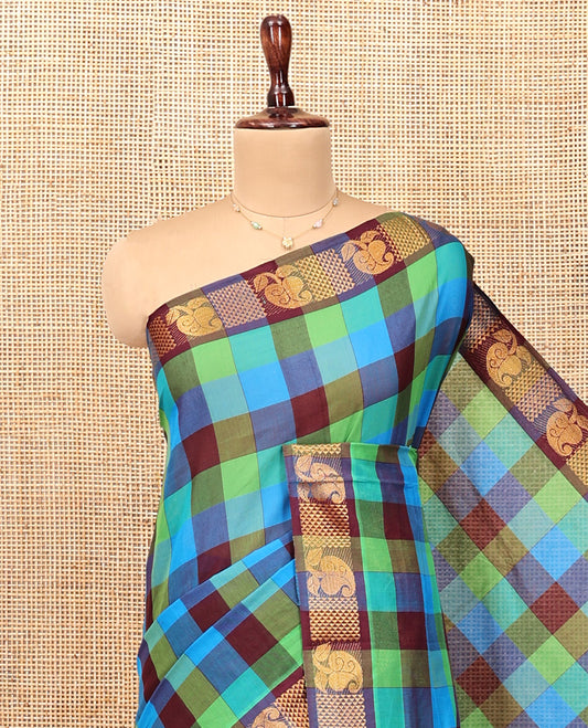 Multi-Color Chettinad Cotton Saree Features Kaleidoscopic Colored Checks, Highlighted by a Traditional Zari Border, Striped Pallu, and No Blouse