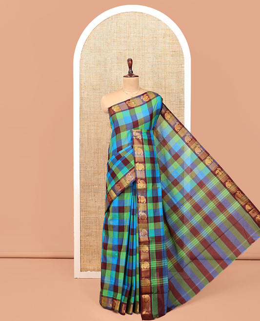 Multi-Color Chettinad Cotton Saree Features Kaleidoscopic Colored Checks, Highlighted by a Traditional Zari Border, Striped Pallu, and No Blouse