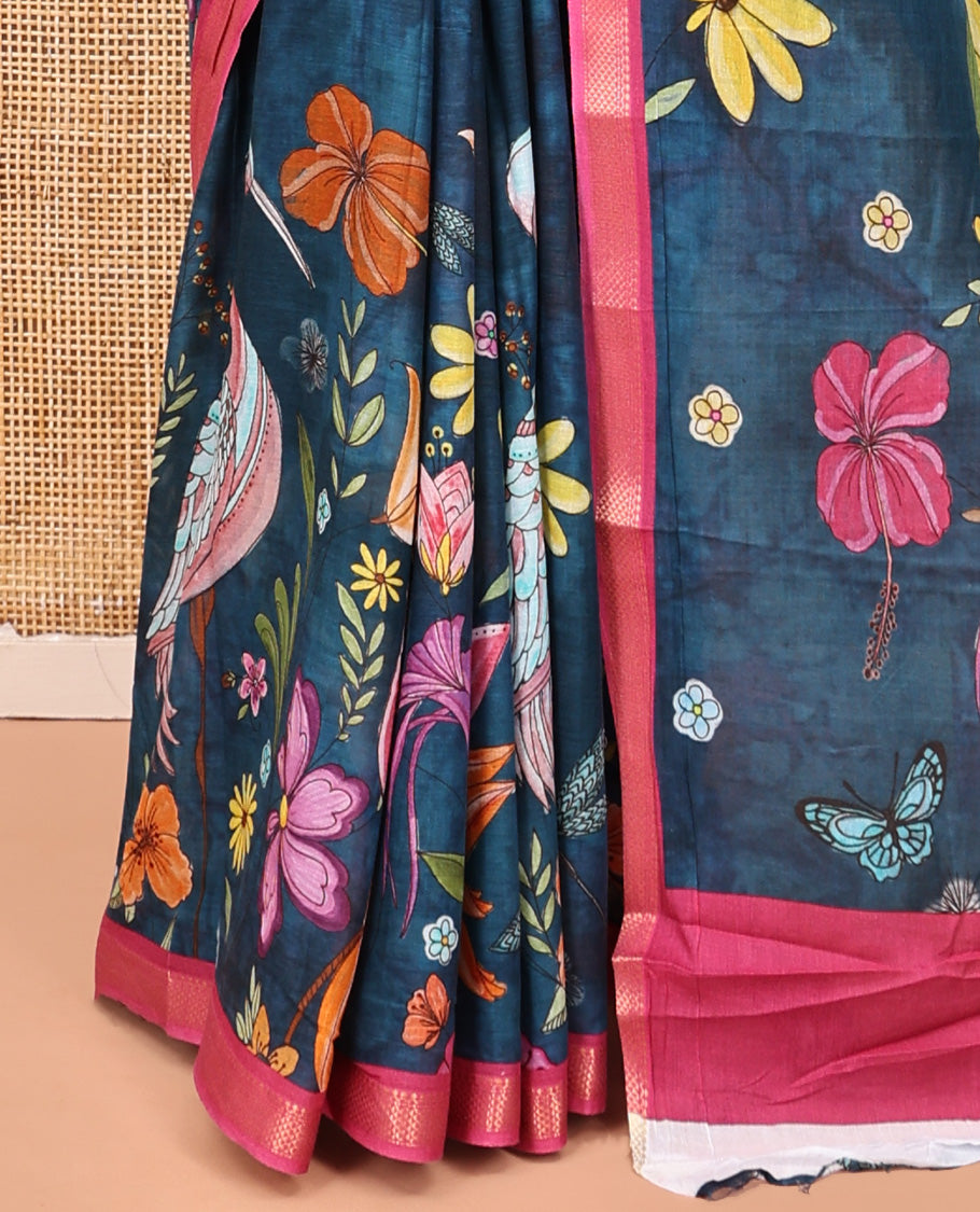 Blue Andhra Cotton Saree, Artfully Detailed with Shibori Print and Tropical Floral Print, Complemented by a Contrast Zari Border and a Contrast Blouse
