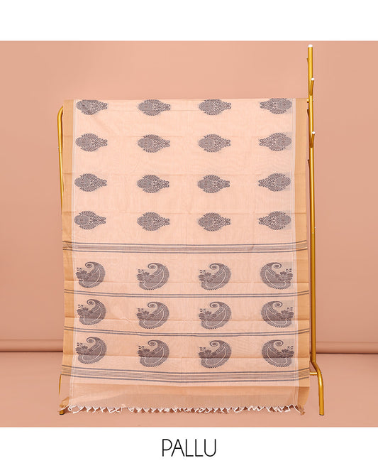 Sandal Kanchi Cotton Saree, Beautified with Buttas All Over Its Body, Complemented by Contrast Border, Pallu Steeped with Stripes and Paisleys, and Paired with a Matching Blouse