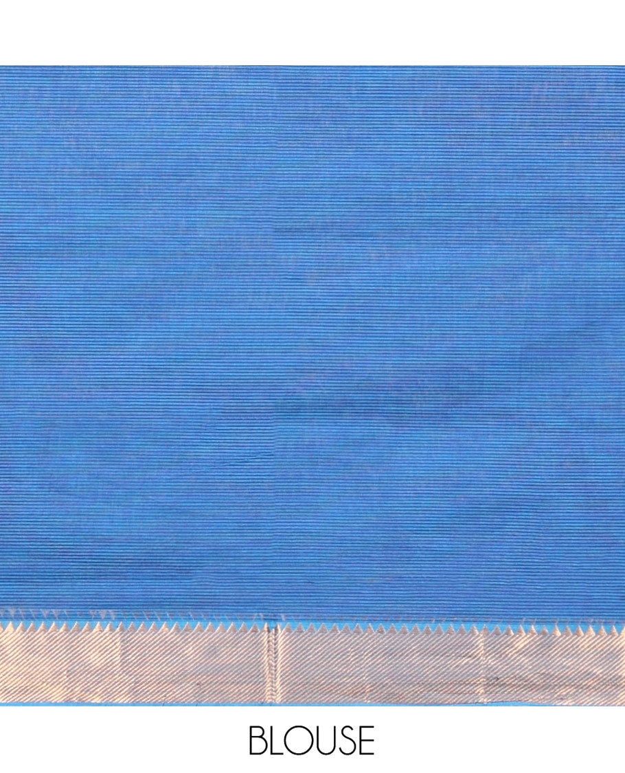 Blue Sparsely Striped Mangalgiri Cotton Saree, Highlighted by a Zari Border, Gleaming Zari-Striped Pallu, and Paired with a Matching Blouse
