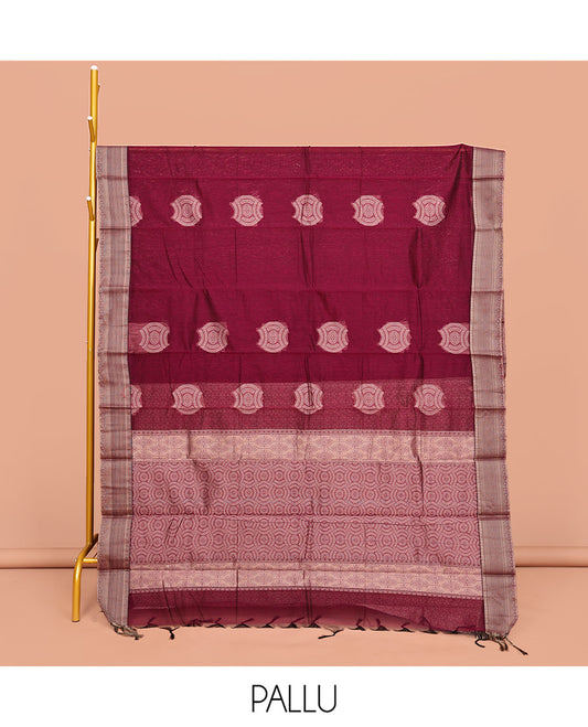 Red Semi-Silk Cotton Saree, Delicately Designed with Buttas All Over Its Body, Subtle Traditional Design Self-Border, Intricately Designed Pallu, and Paired with a Matching Blouse