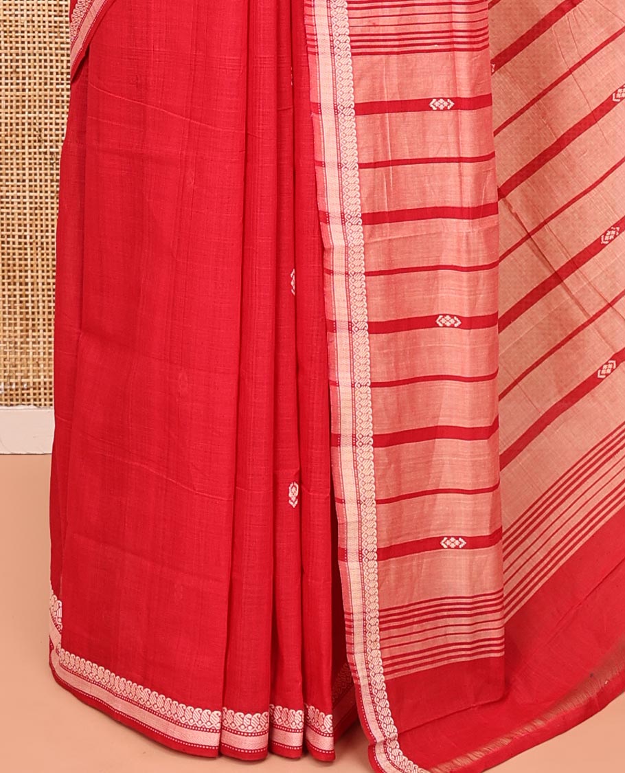 Red Andhra Cotton Saree, Adorned with Thread Buttas All Over Its Body, Subtly Sparked with Traditional Thread Border, Pallu Steeped with Stripes, and Paired with a Matching Blouse