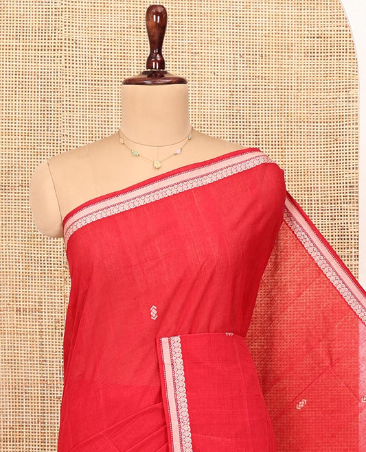 Red Andhra Cotton Saree, Adorned with Thread Buttas All Over Its Body, Subtly Sparked with Traditional Thread Border, Pallu Steeped with Stripes, and Paired with a Matching Blouse