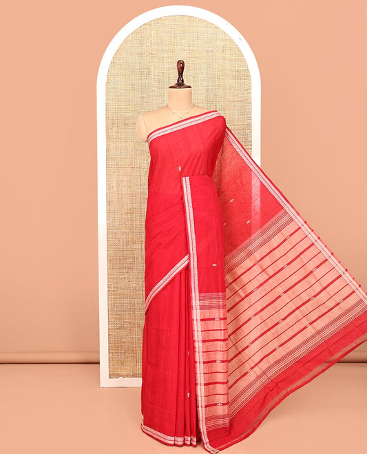 Red Andhra Cotton Saree, Adorned with Thread Buttas All Over Its Body, Subtly Sparked with Traditional Thread Border, Pallu Steeped with Stripes, and Paired with a Matching Blouse