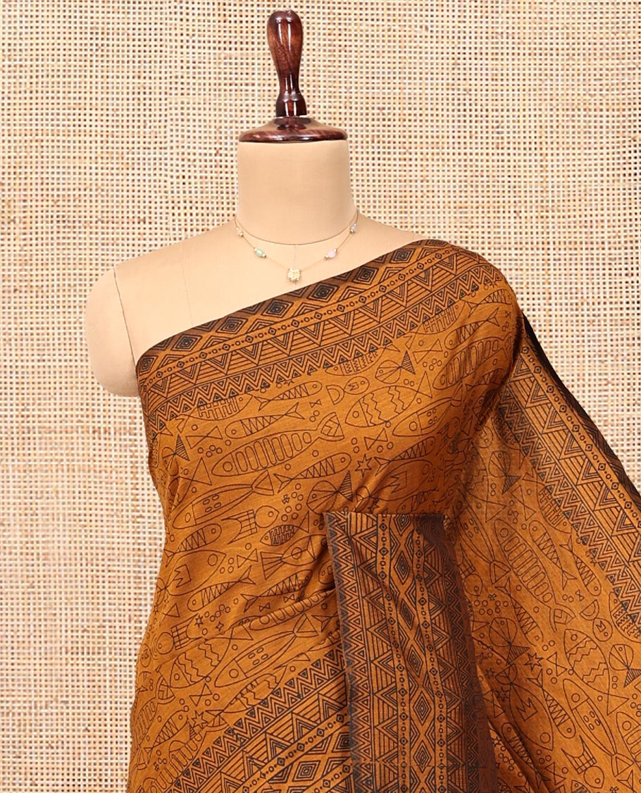 Orange Poly Cotton Saree, Steeped with Fishes, Temple-Printed Border, Printed Pallu, and a Matching Blouse