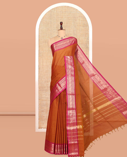 Orange Plain Chettinad Cotton Saree, Complemented by a Contrast Traditional Zari Border, Striped Pallu, and a Matching Blouse