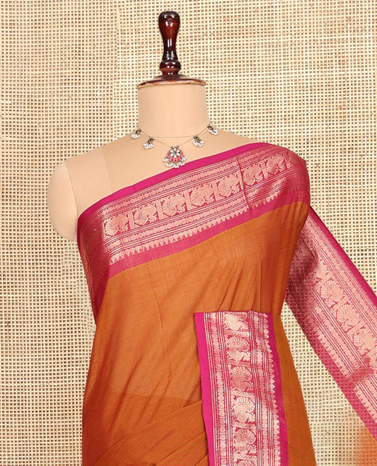 Orange Plain Chettinad Cotton Saree, Complemented by a Contrast Traditional Zari Border, Striped Pallu, and a Matching Blouse