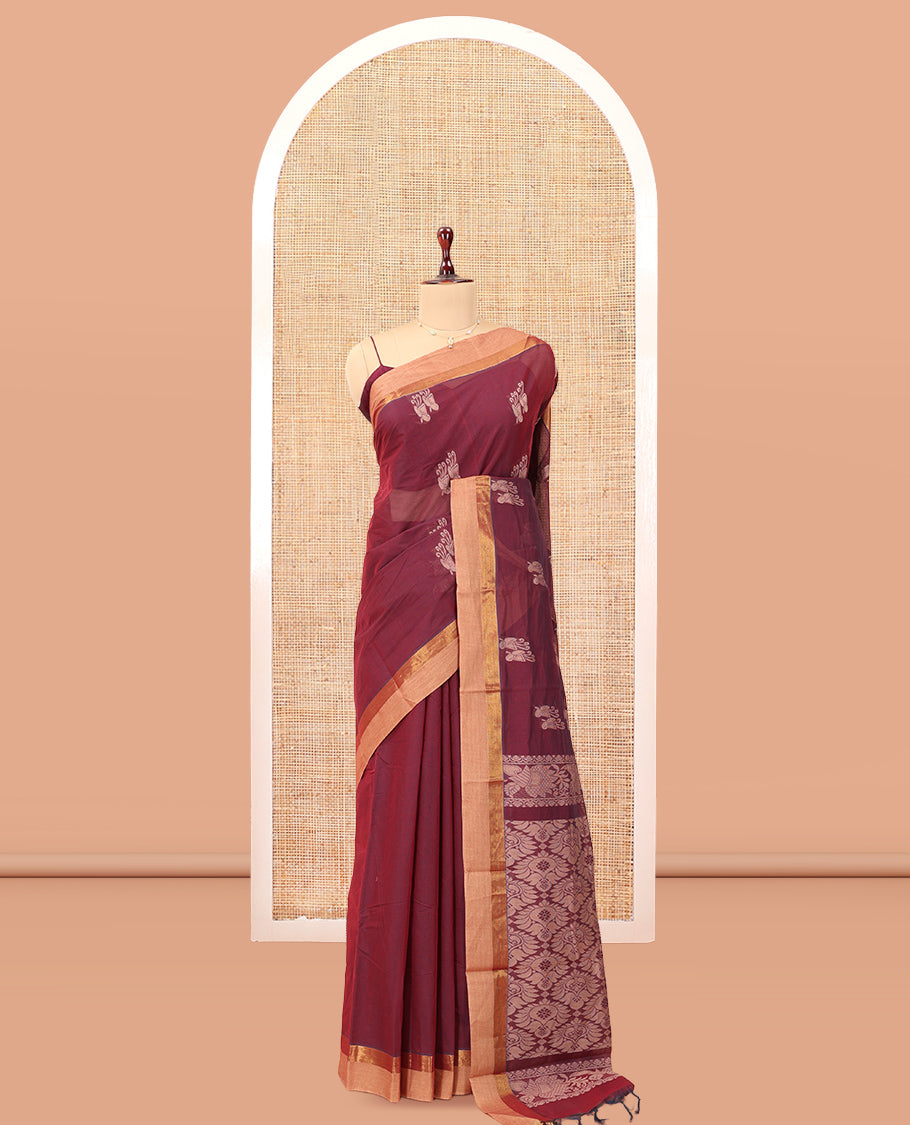 Maroon Kanchi Cotton Saree, Subtly Woven with Buttas, a Contrast Zari Border, Intricate Pallu, and a Matching Blouse