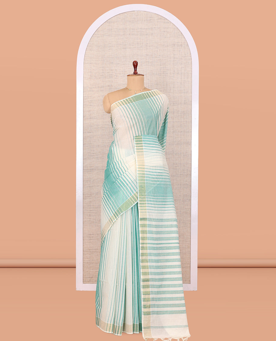 Cream-Pale Green Jute Cotton Saree