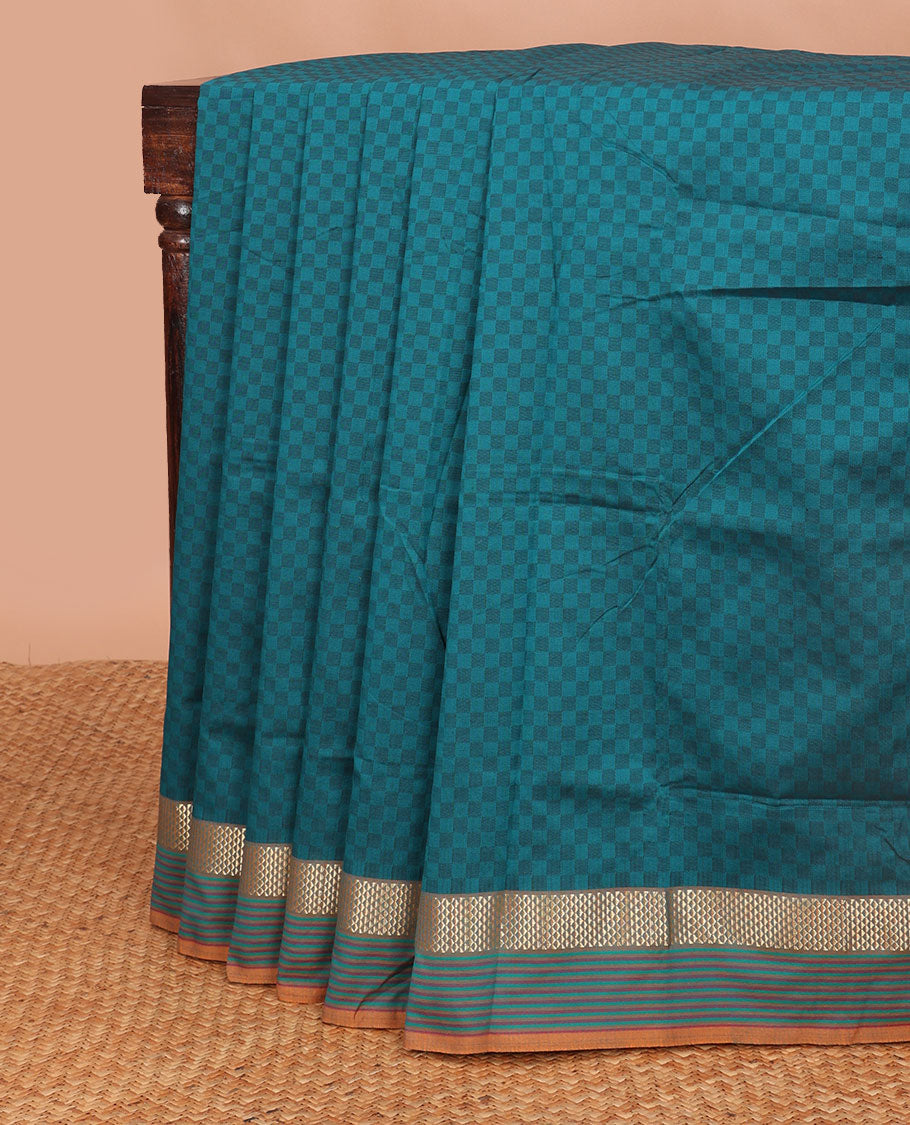 Blue checkered poly cotton saree with contrast zari design border & striped pallu
