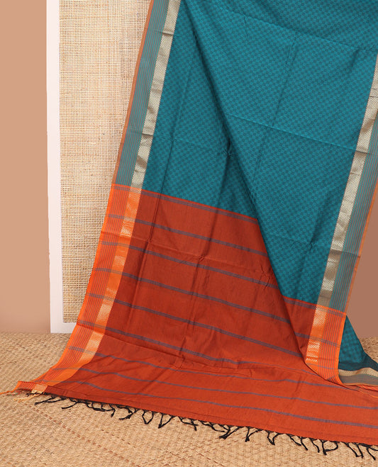 Blue checkered poly cotton saree with contrast zari design border & striped pallu