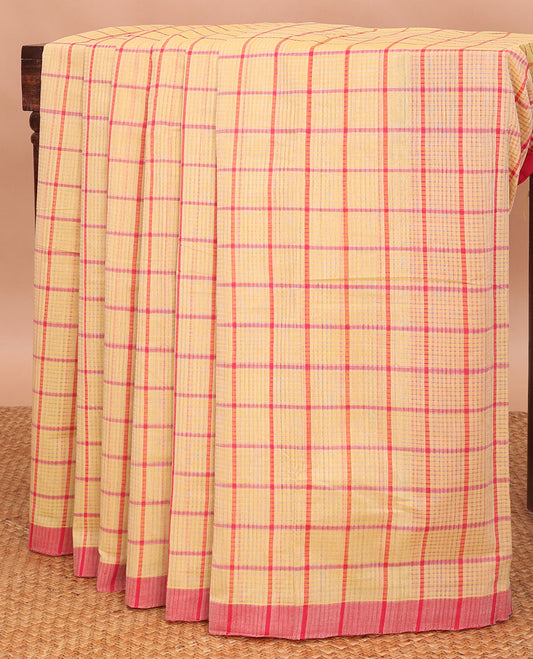 Sandal checked mangalagiri cotton saree with contrast striped border & checked pallu