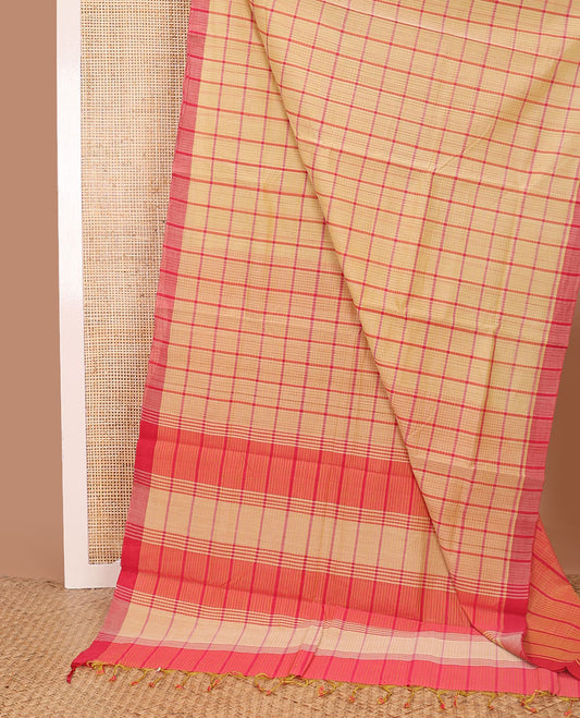 Sandal checked mangalagiri cotton saree with contrast striped border & checked pallu