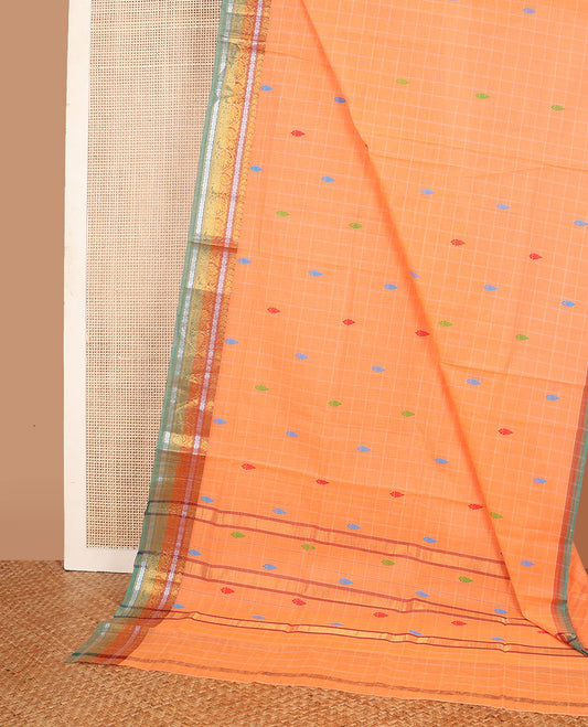 Orange checked & buttas Andhra cotton saree, contrast traditional zari border & pallu of stripes & buttas