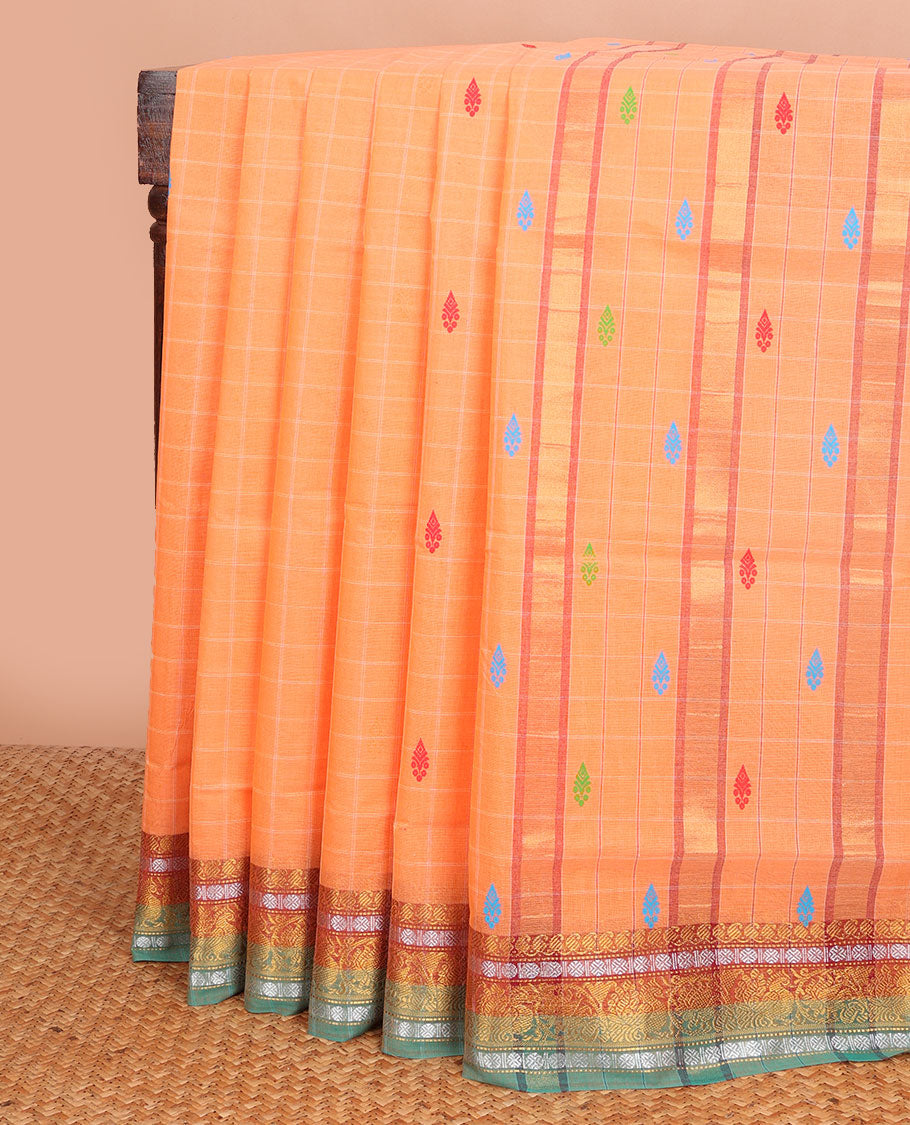 Orange checked & buttas Andhra cotton saree, contrast traditional zari border & pallu of stripes & buttas