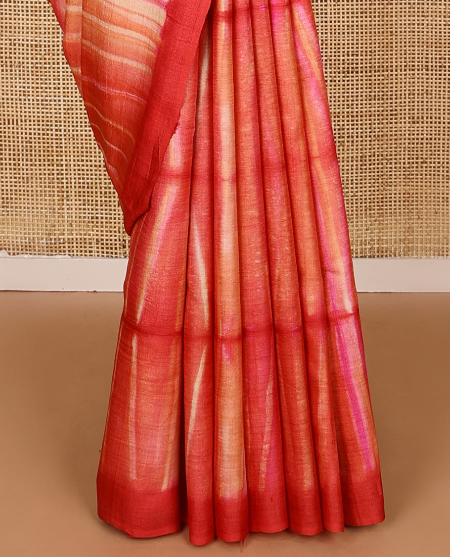 Multi-color shibori printed tussar silk saree, plain border, and pallu of temple, and chevron designs